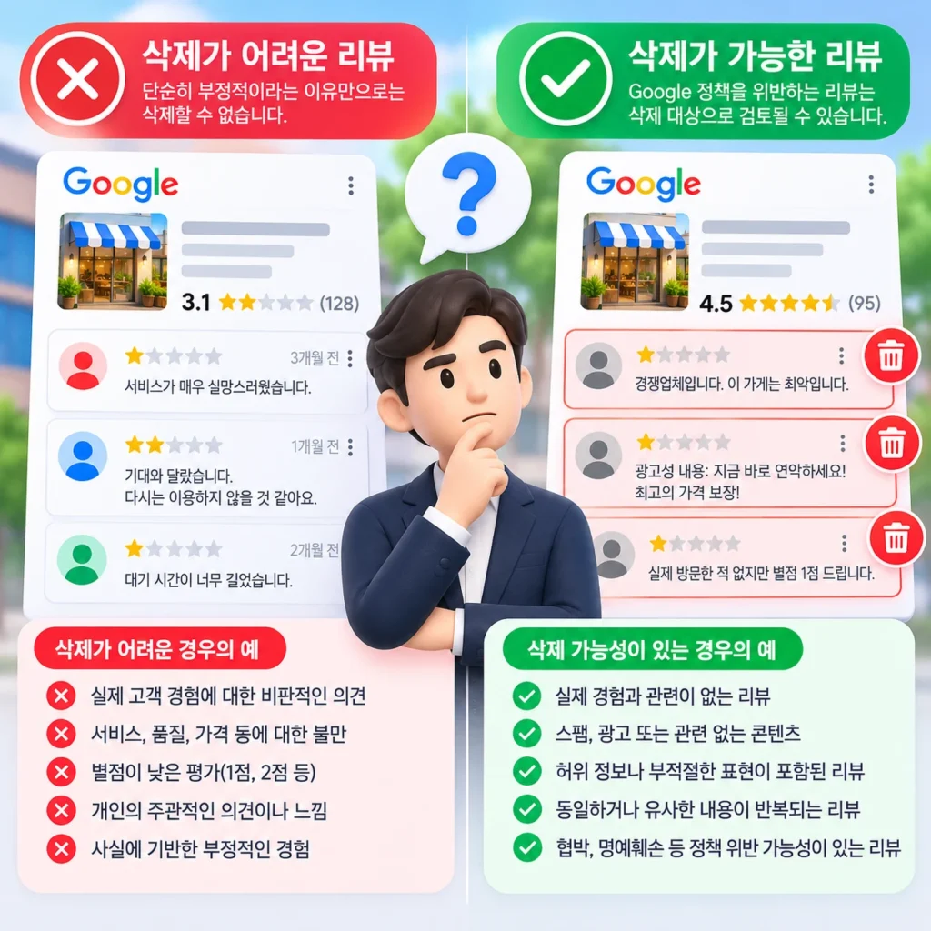 모든 부정적인 구글 리뷰를 삭제할 수 있는지와 삭제가 어려운 리뷰 및 정책 위반 리뷰의 차이