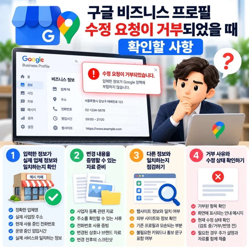 구글 비즈니스 프로필 수정 요청이 거부되었을 때 확인해야 할 사항
