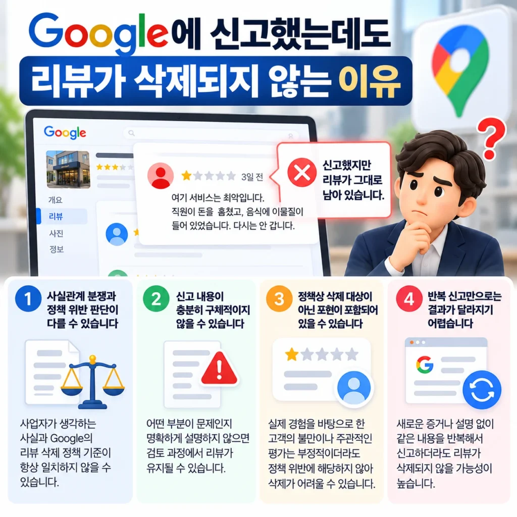 Google에 신고했는데도 리뷰가 삭제되지 않는 주요 이유