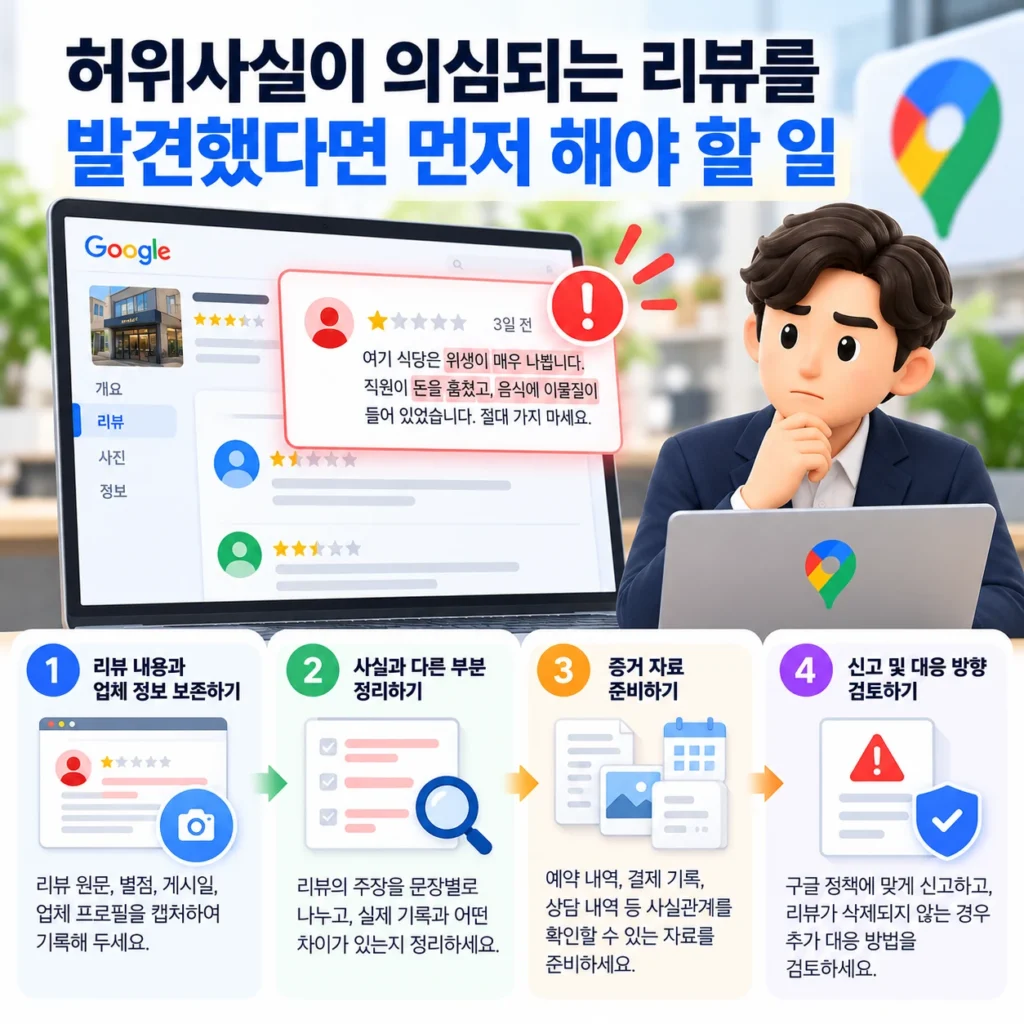 허위사실이 의심되는 구글 리뷰를 발견했을 때 리뷰 보존, 사실관계 확인, 증거 자료 준비 및 신고 절차